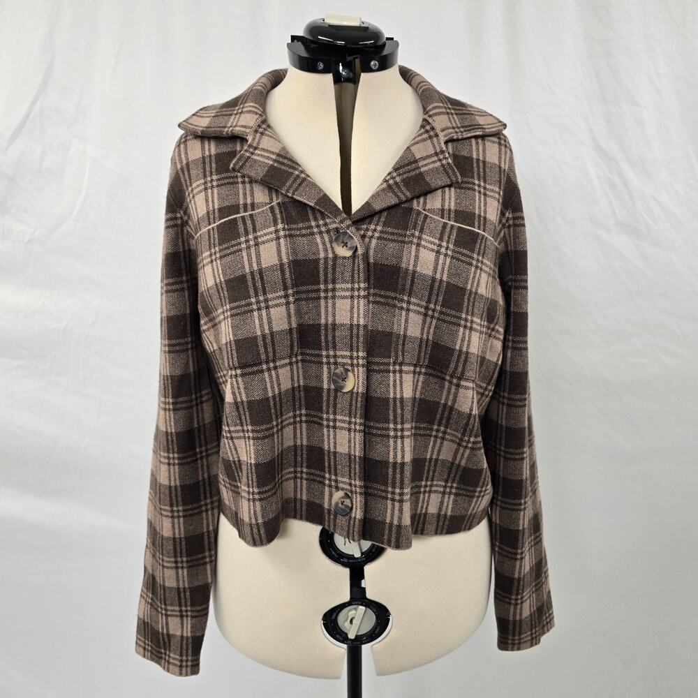 Cynthia Rowley Cropped Plaid Button Up Jacket Women's XL Brown Tan Pockets NWT
